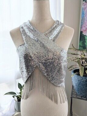 Silver Sequin Fringe Strapless Cross Strap Top